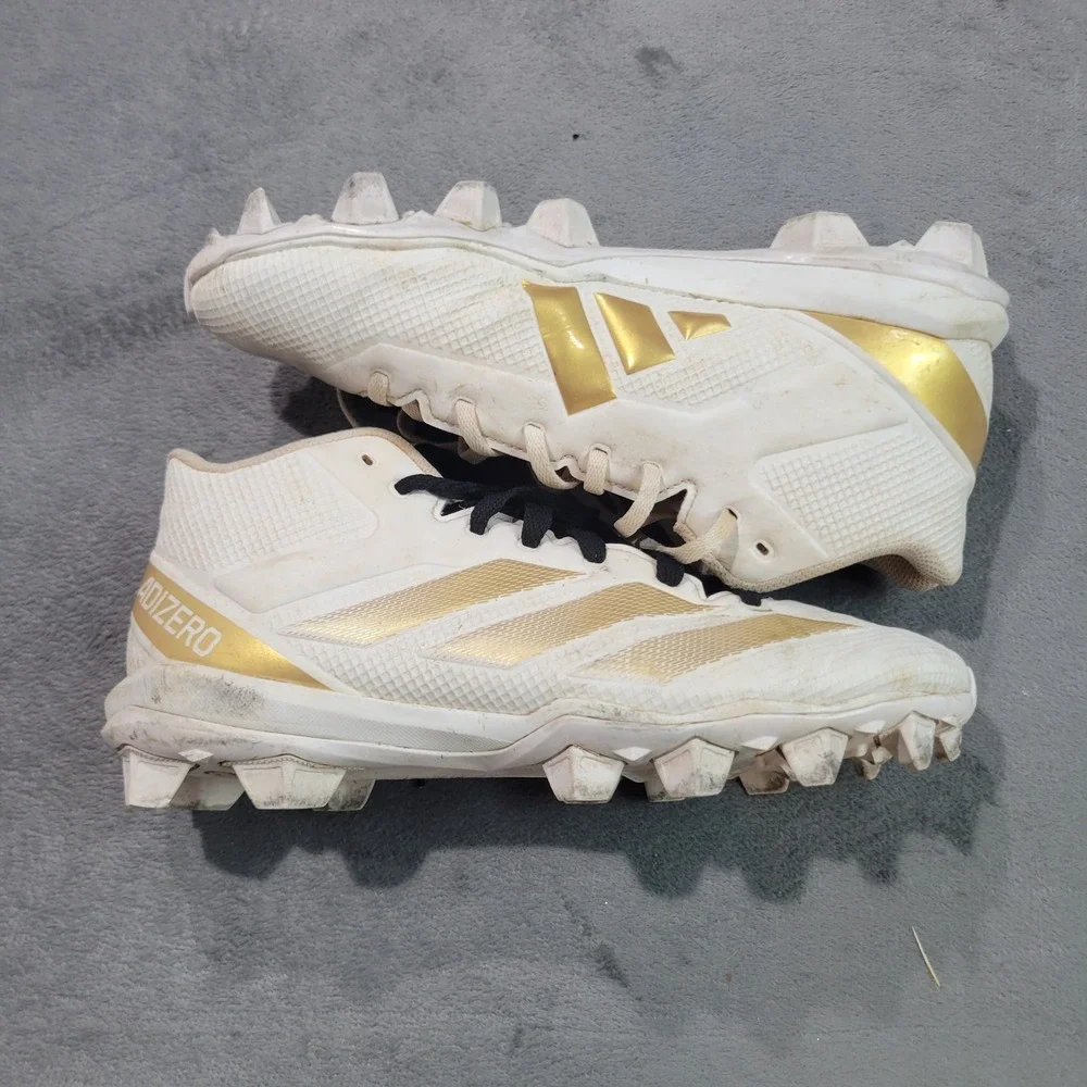 Adidas‎ Football Cleats Mens 9.5 White Gold Adizero Mid Top Athletic Shoes S53